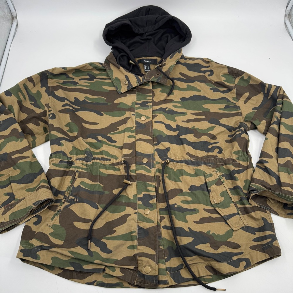 Forever‎ 21 Camo Hooded Jacket Womens L Utility Anorak Drawstring Military
